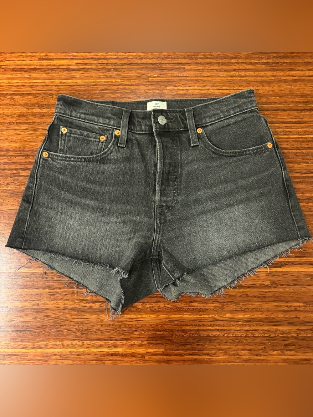 Levi's 501 Original Black Denim Shorts Women's 27 Raw Hem Button Fly EUC